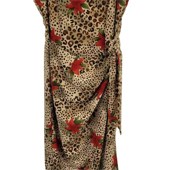 Vintage Tan Leopard Red Lily Print Sleeveless Mock Side Tie Hostess Dress Sz M - Picture 6 of 14
